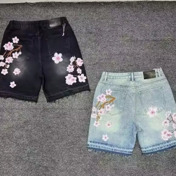 Y2k Cherry Blossom Embroidered Denim Shorts - Picture 2 of 4